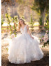 Plunging V Neck Beaded Ivory Lace Tulle Ruffle Deep V Back Wedding Dress